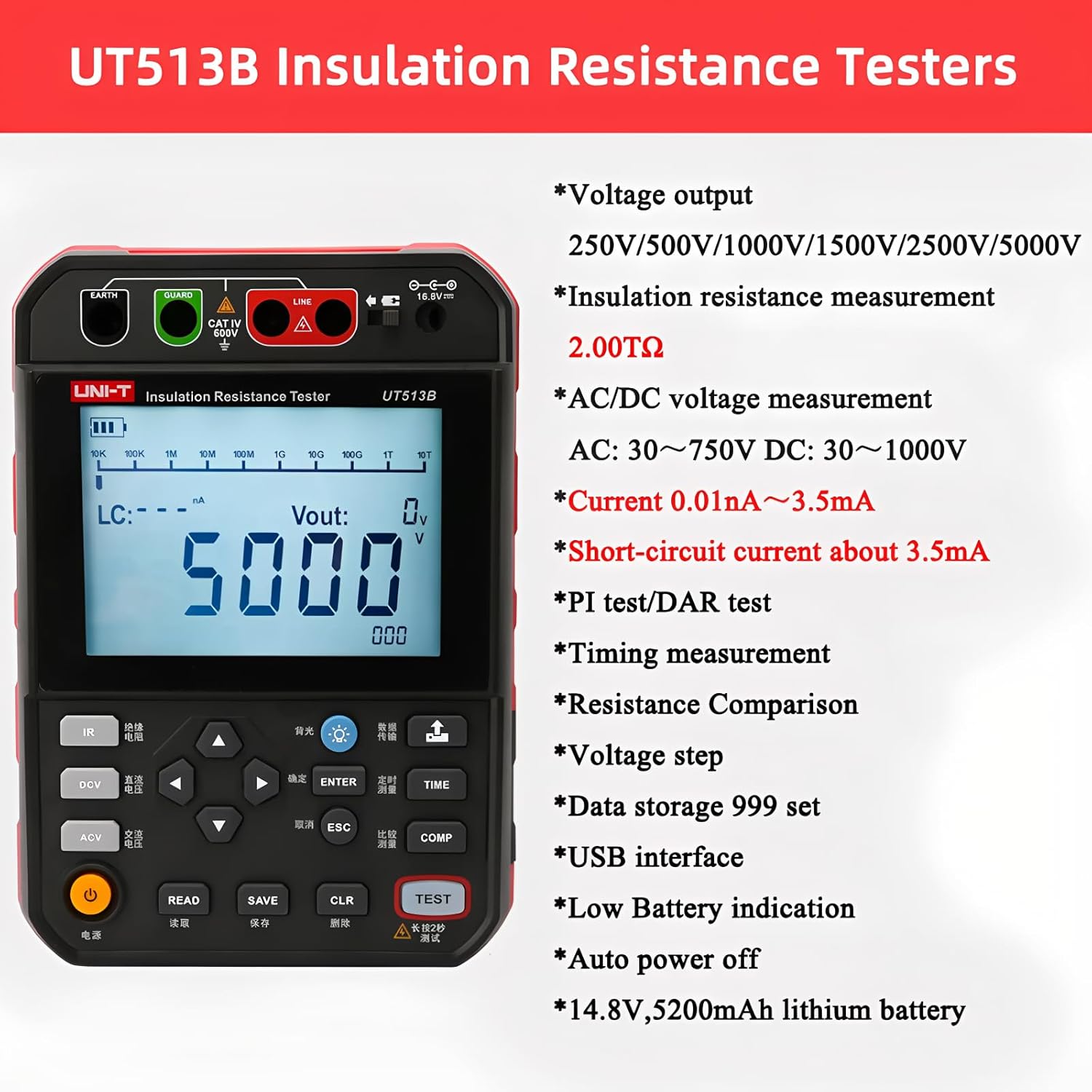 UNI-T Uni-Trend UT513B/UT513C 5kV Insulation Resistance Testers;PI & DAR Measurement/Data Storage/PC Communication Measurement Resistance Tester Megohm Meter(UT513B)