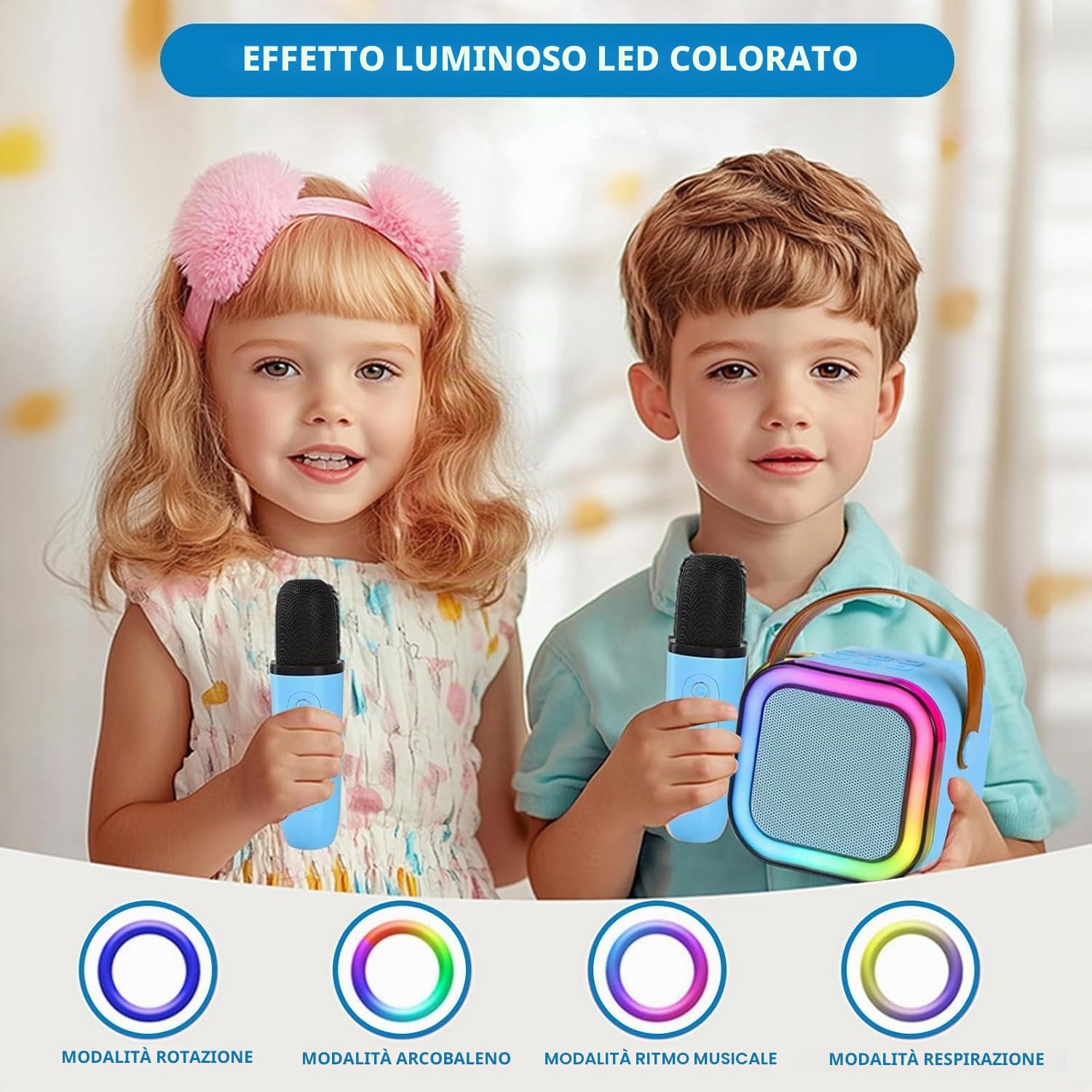 Karaoke Microfono per Bambini,Microfono Bambini con Luce LED,Karaoke bambini con 2 microfoni,Macchina Karaoke Portatile,Regali per bambini da 3 a 18 anni, ragazzi e ragazze (Blu)