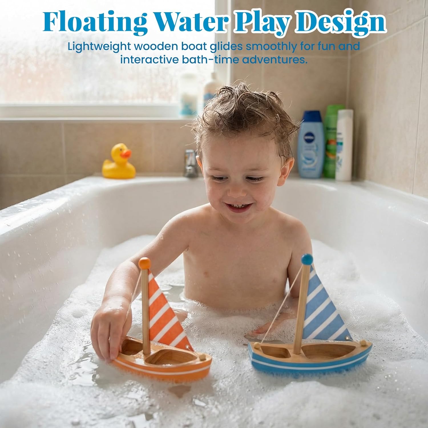Wooden Bath Toys, 2 Pcs Sailboats for Kids, Pretend Play Motor Skills, Kids Bath Toy Floating Boat