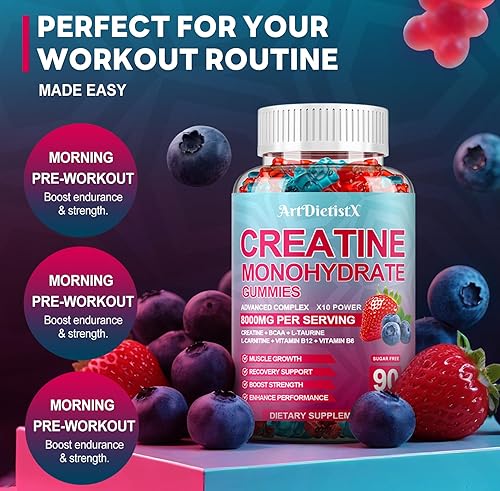 Miniatura 8 de Gomitas de monohidrato de creatina de 8000 mg con BCAA, L-carnitina, taurina y vitamina B12, suplemento preentrenamiento para crecimiento muscular,