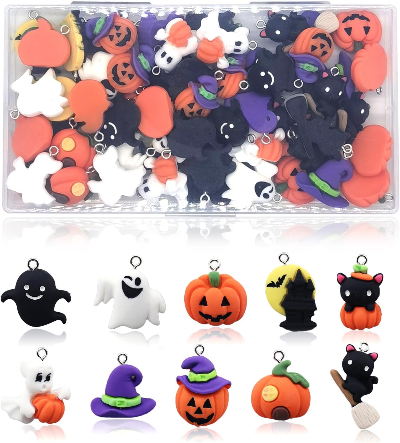 YOKUSHI 60PCS Halloween/Christmas Resin Charms for Jewelry Making Bulk with Box, 3D Cartoon Bracelets Charms DIY Pendant Cute Charms for Necklace Earrings Keychains Bracelet