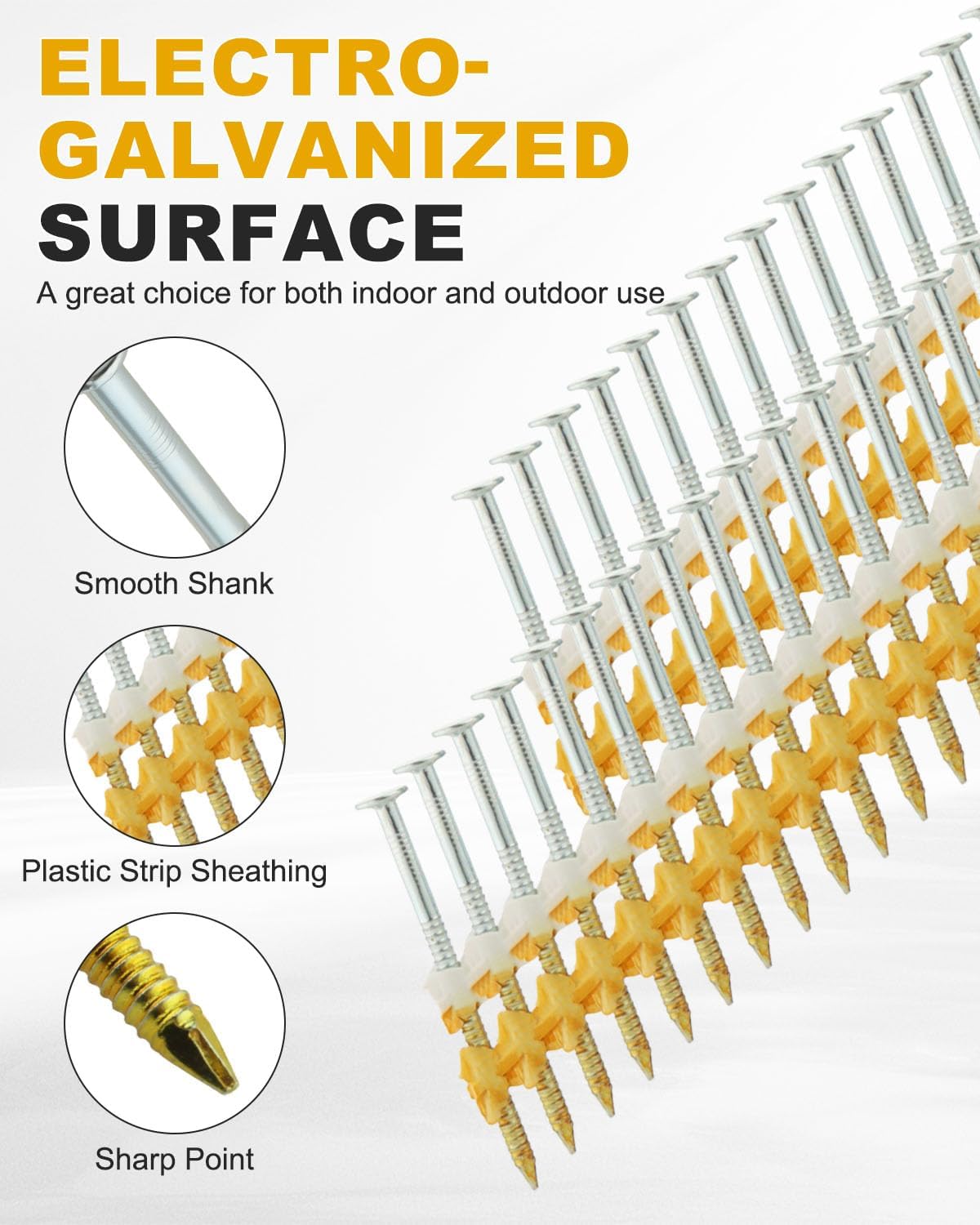 21 Degree Framing Nails,1000 Count Galvanized Framing Nails, 2 Inch x 0.113 Inch Flat D Head Ring Shank Plastic Row Nail for All Pressure Treated Wood Framing