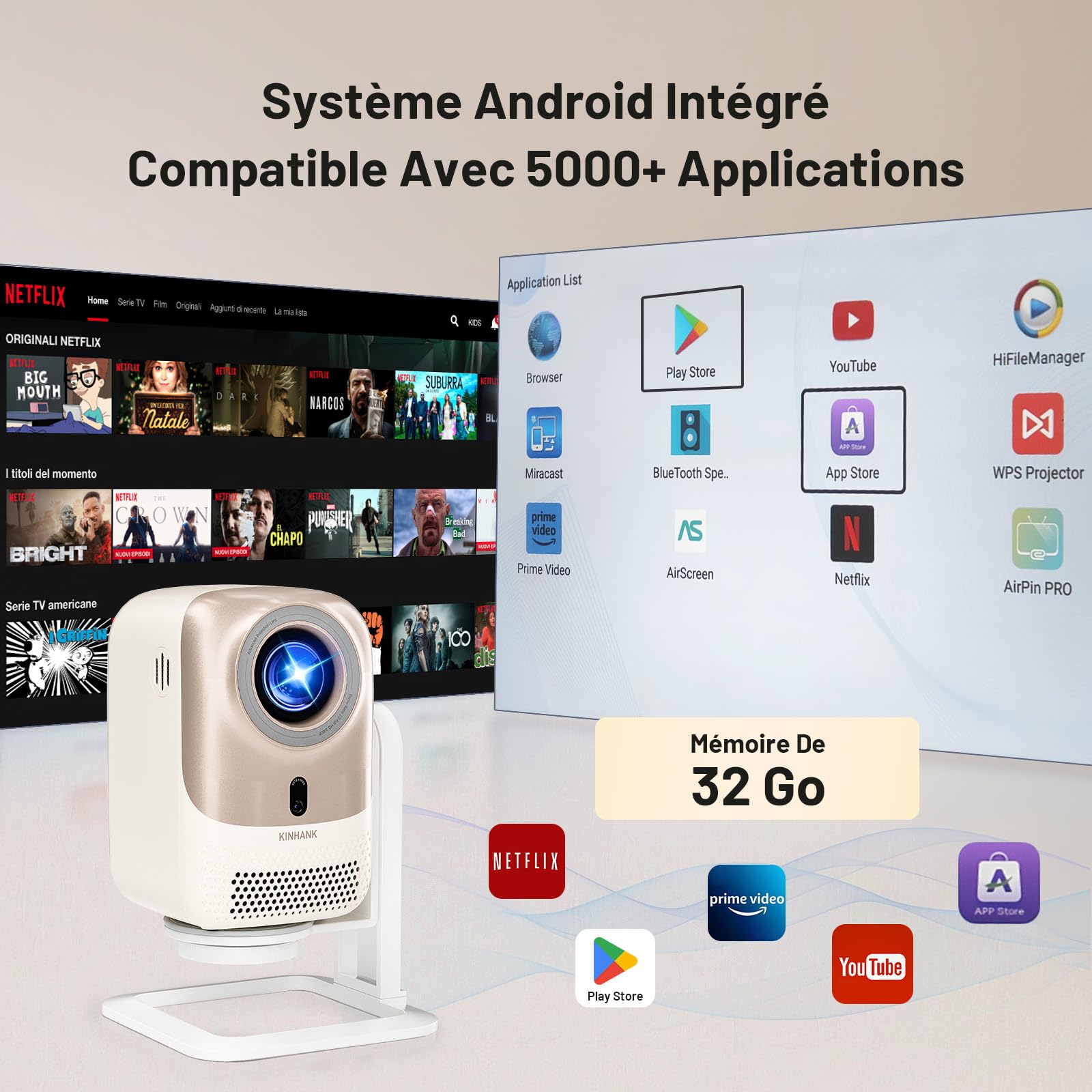 Vidéoprojecteur Portable avec Android OS, Projecteur Natif 1080P Supporté 4K, WiFi 6 Bluetooth 5.2 | 450 ANSI Auto Focus/Keystone, 360°Rotating Retroprojecteur pour PS5/Phone/Extérieur/Home Cinéma