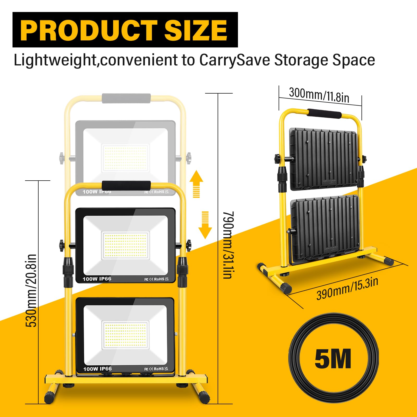 Faretto Da Cantiere A LED Willpower 2x100W – 20000 Lumen, Impermeabile IP66, Portatile Con Staffa Pieghevole E Cavo Da 5 M