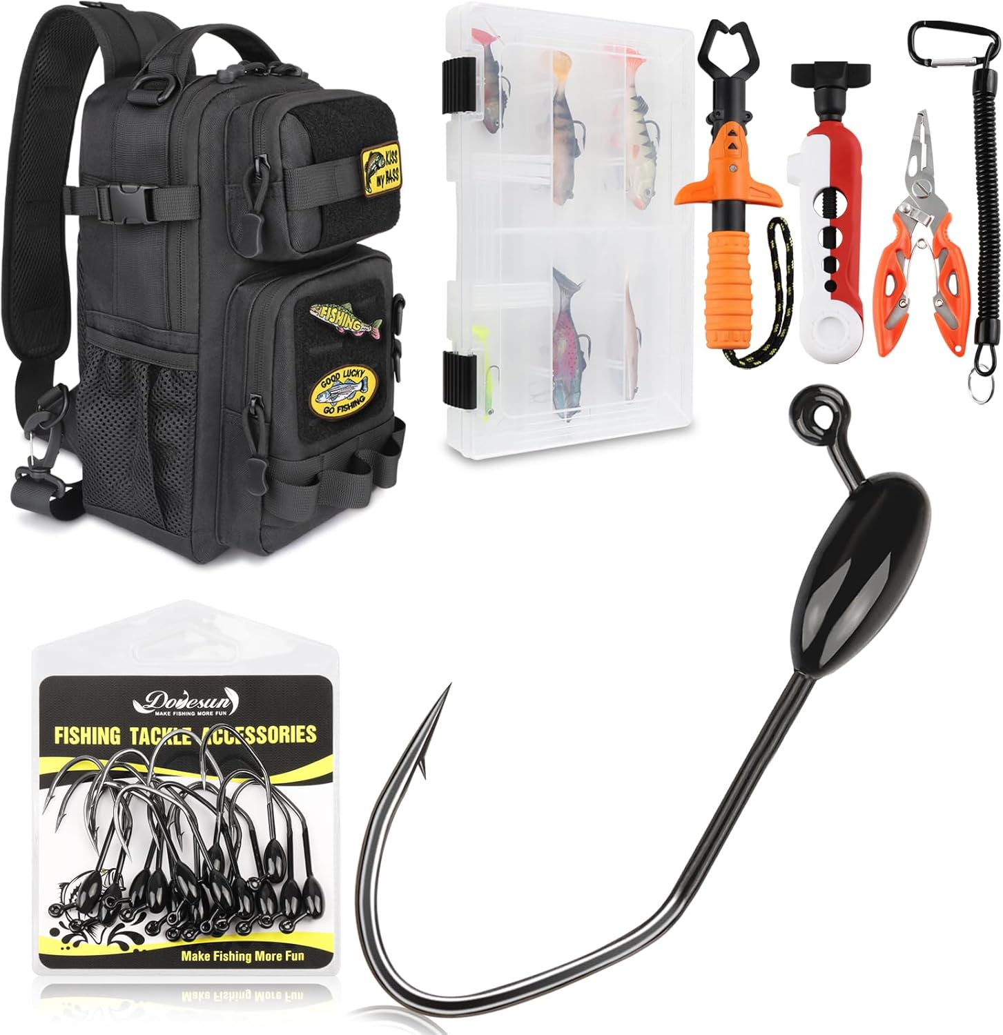 Dovesun 15pcs Tube Jig Heds 3/0 1/4oz, Sling Bag with Tool Set, Sling Tackle Bag & 3600 Tackle Box, Fishing Line Spooler, Fish Gripper, Pliers, Lanyard, 6pcs Random Lures Black