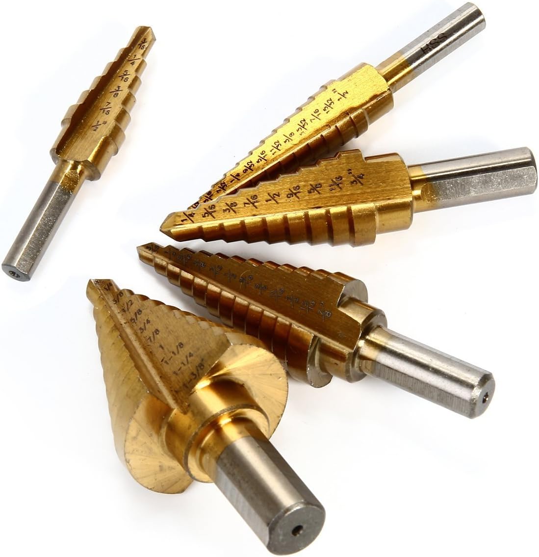 50 Count High-Speed Steel Titanium Coated Step Drill Bits Set - SAE Sizes - Shank 3/16" 1/4" 3/8"
