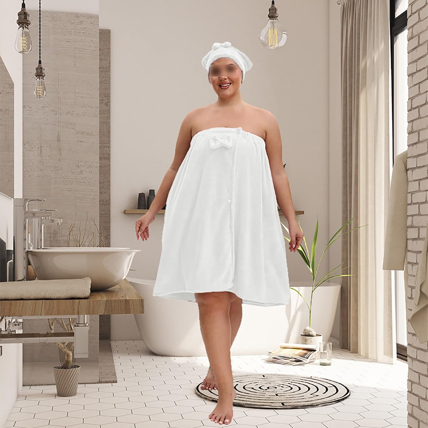 Plus Size Adjustable Bath Skirt & Quick-Dry Cap Set, Soft Coral Fleece Bath Wrap with Bow Decoration & Secure Non-Slip Closure(Bath Skirt + Hat, White)