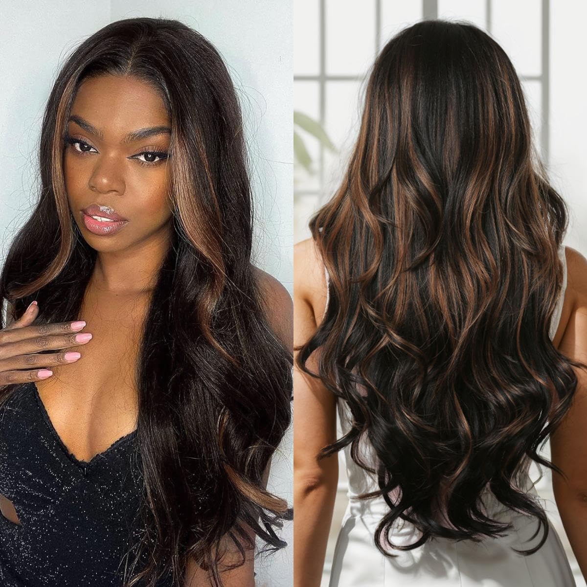 Allbell Dark Brown Wig for Black Women Long Black Mixed Brown Wig Wavy Body Wave Wig Natural Looking Middle Part Heat Resistant Synthetic Wig for Daily Party Use