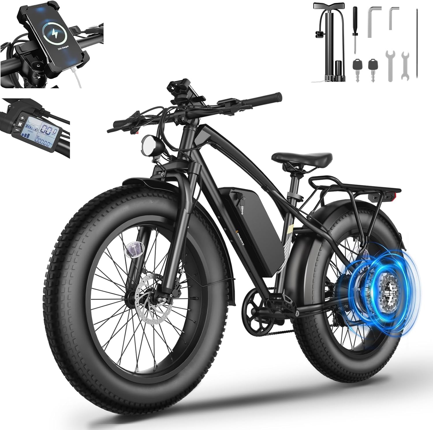 Skeri 750W/2000W Dual Motor Electric Bike for Adults, 28/38MPH, 48V 15.6/20.5AH Battery, 26"x4" Fat Tire All-Terrain E-Bike, 45-80 Miles Range, Shimano 7-Speed, Front Suspension, Rear Rack & Fenders