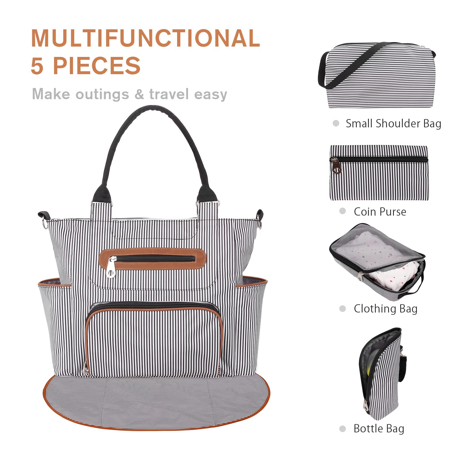 SONARIN 7pcs Nappy Changing Bag Set,Multifunction Mummy Tote Bag Baby Changing Bag Shoulder Handbag Travel Diaper Bag with Bottle Bag Changing Mat and Stroller Straps(Black) - Image 4