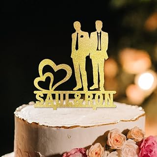 Same Sex Marriage Cake Toppers with Double Heart Gay Cake Toppers Groom & Groom Wedding Silhouette LGBT Gold Acrylic Homosexual Personalized Wedding Cake Topper Mr & Mr Wedding Cake Decor