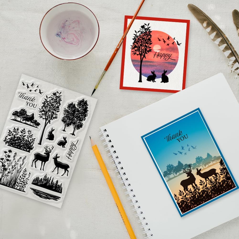 GLOBLELAND Forest Animal Silhouette Clear Stamps Wild Deer Rabbit Bird Silicone Stamp Seals Transparent Stamps for DIY Scrapbooking Cards Making Photo Album Journal