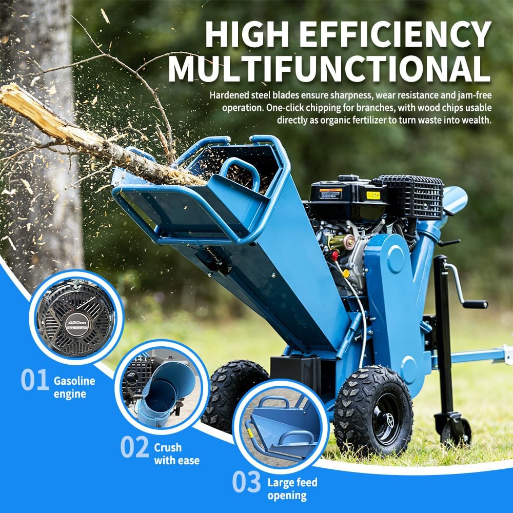 420cc 5 Inch 15HP Gas Powered Wood Chipper Shredder Mulcher, Leaf & Branch Shredder with Towbar, Emergency Stop Button, 5" Max Chipping Capacity for Wood Pellets (Blue)