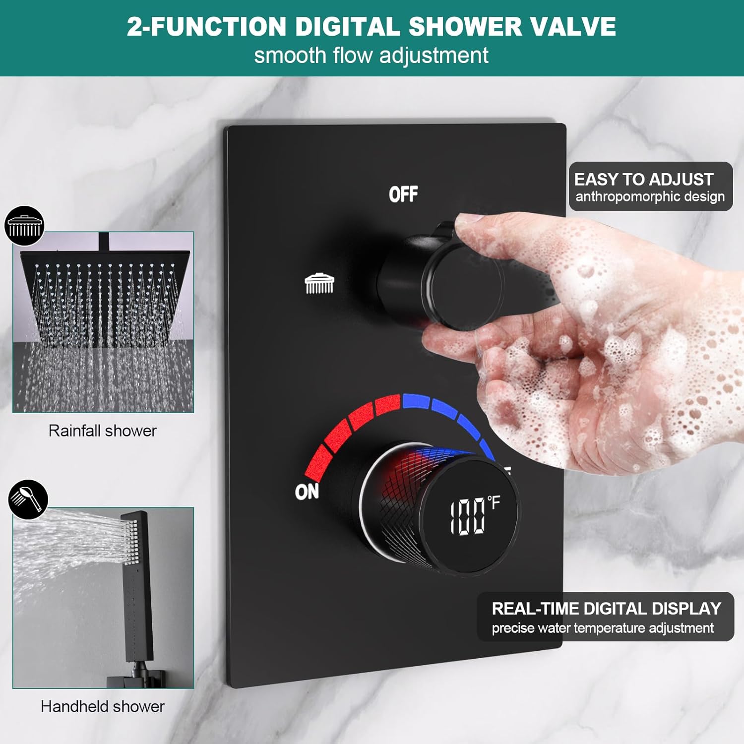 2 Way Shower Mixer Valve Temperature Display with Trim Kit, Digital Shower Diverter Mixing Brass Valve Body for Shower Faucets, Black
