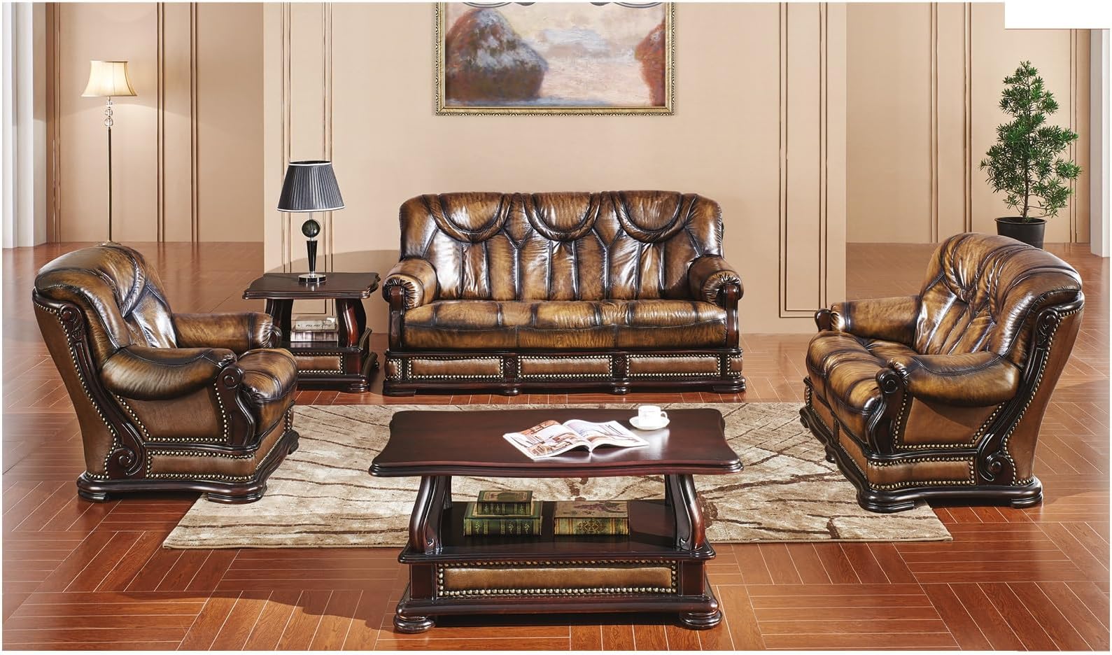 Oakman Top-Grain Leather 3 Pcs Living Room Set in Dark Brown Including Sofa, Loveseat and Chair ESF