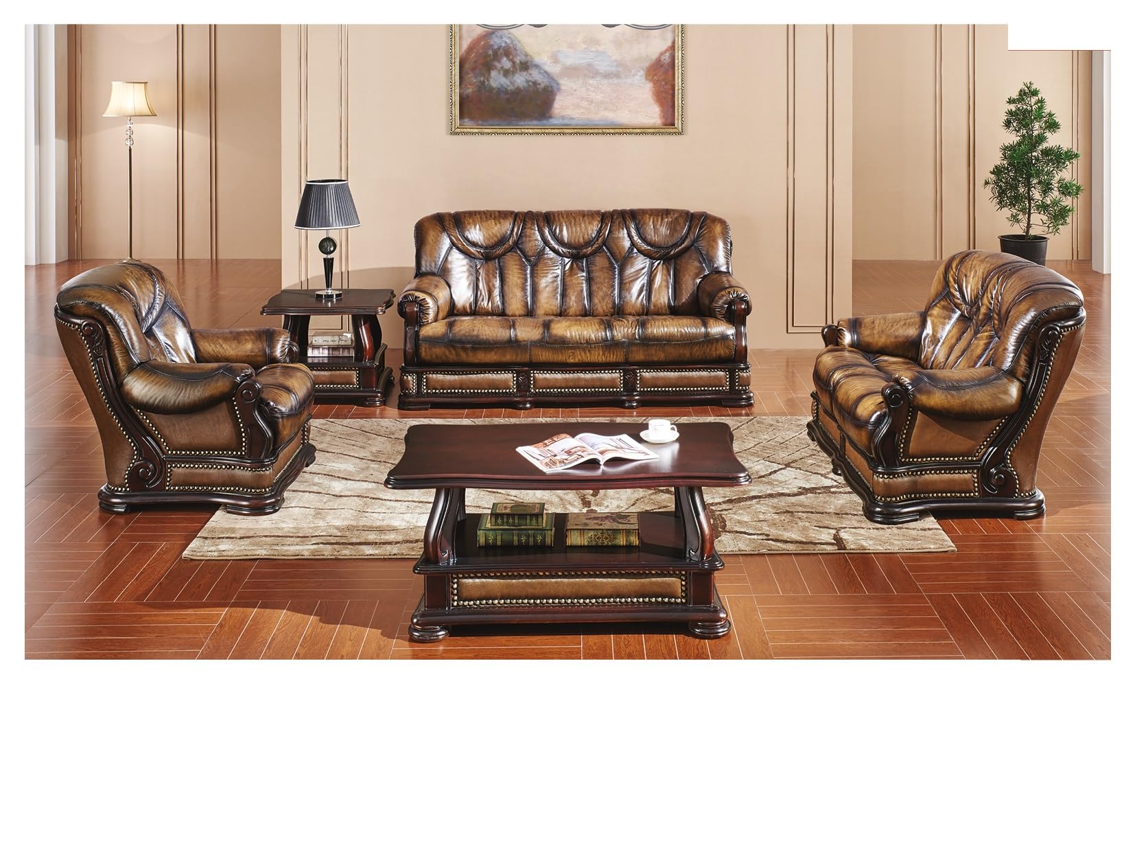 Oakman Top-Grain Leather 3 Pcs Living Room Set in Dark Brown Including Sofa, Loveseat and Chair ESF