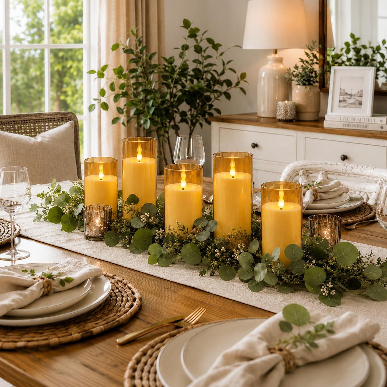 Fo32won Candele a pilastro a LED color ambra senza fiamma, funzionamento a batteria, con telecomando e timer, set di 5 candele tremolanti a LED in plexiglass con fiamma 3D