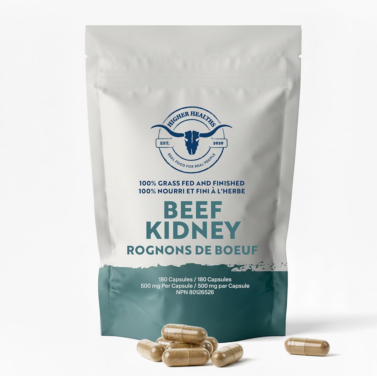Higher Healths 100% Grass Fed Beef Kidney Capsules - 180-Count Pure, Freeze-Dried Beef Organ Supplements for Women & Men - No Fillers & No Additives - Real Food Organ Meat Supplement Sourced & Made in Canada