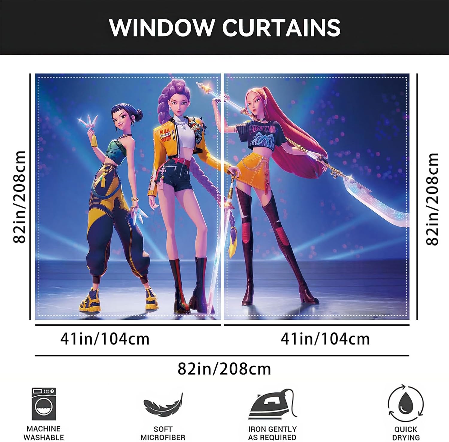 for K Pop Demon Hunters Window Drapes - 4 Piece Curtain Set Includes 2 Tiebacks, Beautiful Bedding Room Décor and Easy Set Up, (42" W x82 L (Pack of 2))