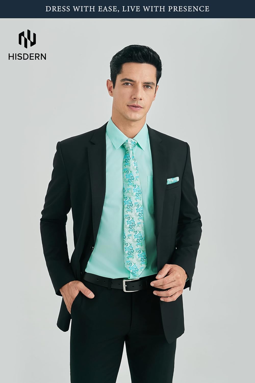 HISDERN 503 Mens Dress Shirt and Tie Handkerchief Set Classic Long Sleeve Shirts Matching Ties Formal Button Down Shirts - Image 4