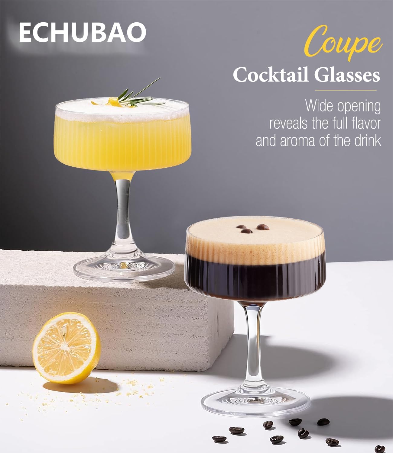 Coupe Glasses Set of 6, Ribbed Large Martini Glass, 10oz Vintage Cocktail Glasses for Espresso Martini, Manhattan, Margarita, Pisco Sour, Home Bar