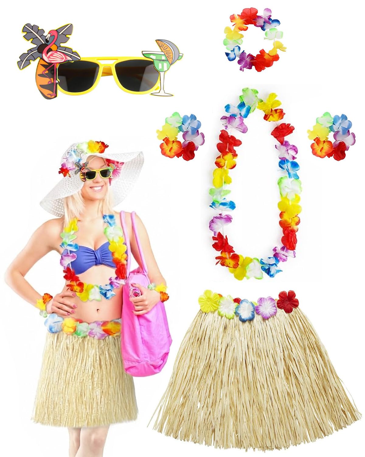 DAFNE 6 Pièces deguisement hawaienne femme, Jupe Hawaienne en Paille Paquet, Jupe Hawaienne, Hawaïen lei, Décoration de Fête Tropicale de Plage d'été, accessoire de fête tropicale Luau,Style-2