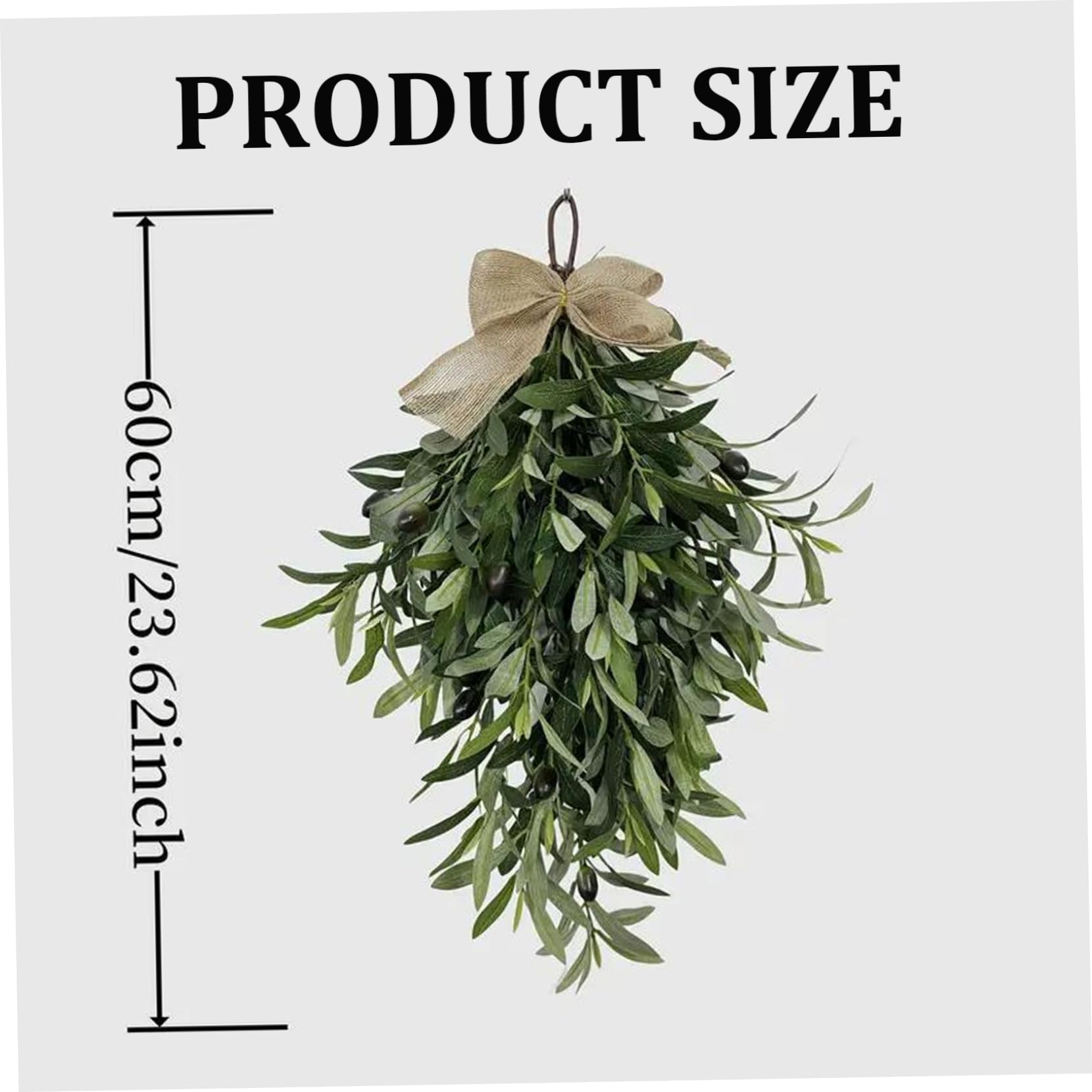 Olivenkranz, 61 cm, künstlicher Olivenzweig-Kranz, hängender Tropfen-Swag mit Juteschleife, Haustür, Wand, Fenster, Hochzeit, Bauernhaus, Heimdekoration