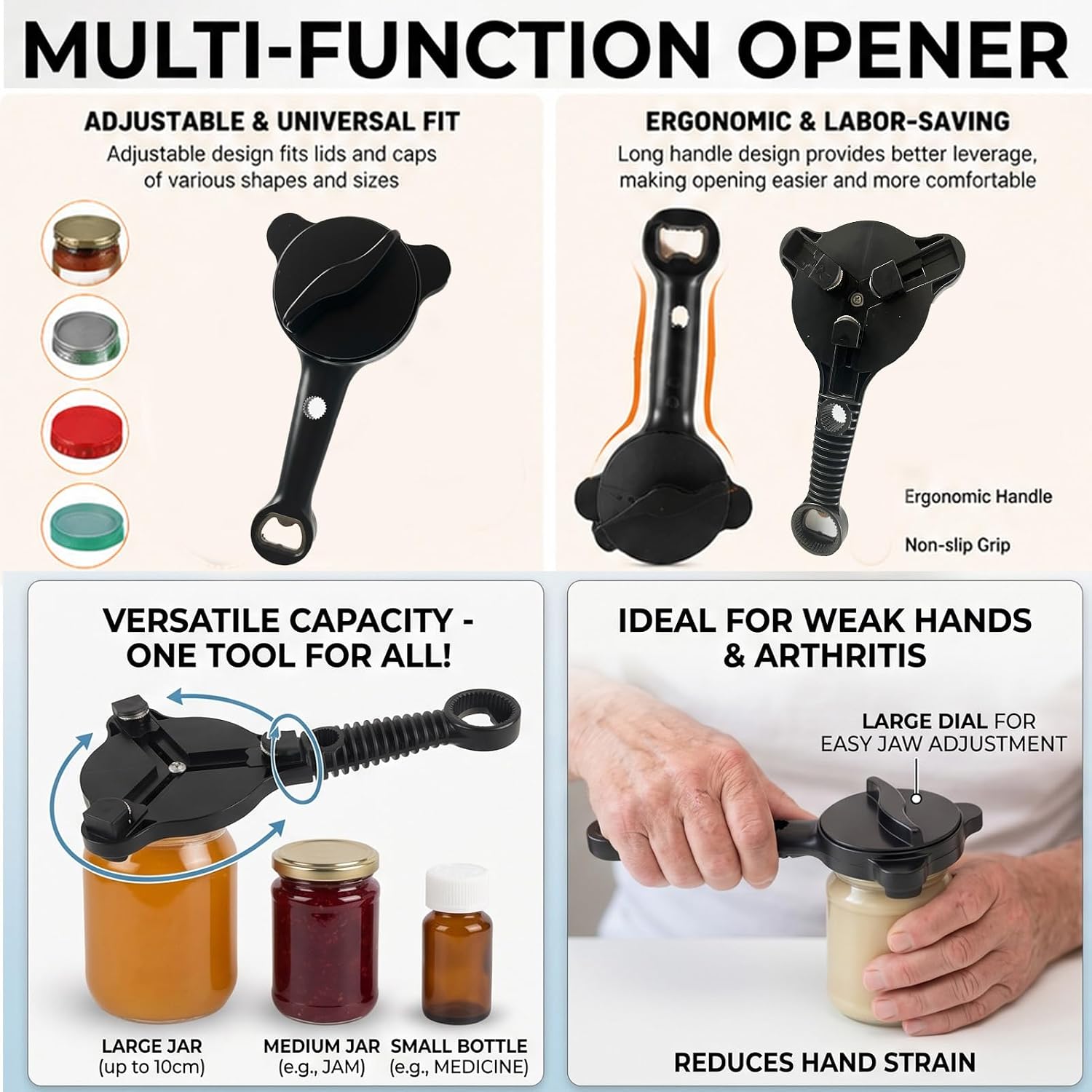 4-in-1 Adjustable Jar Opener, Ergonomic Kitchen Lid Opener for Seniors, Arthritis & Weak Hands, Multi-Function Bottle Opener for Beer Salad Dressing Jars