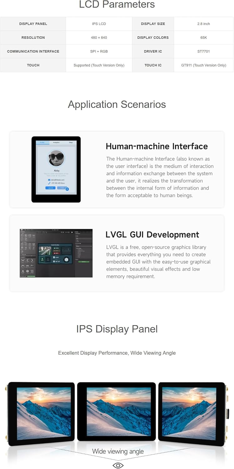 ESP32-S3 2.8inch Display Development Board, 480×640, IPS, 32-bit LX7 Dual-core Processor, Up to 240MHz Frequency, Supports Wi-Fi & BLT, Without Touch Function @XYGStudy (ESP32-S3-LCD-2.8B)