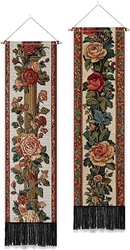 PLIGREAT 2 Pack Vintage Floral Tapestry with Tassels Rose Border Vine Aesthetic Wall Hanging Vertical Home Art Tapestry for Bedroom Living Room Bathroom Art Decor