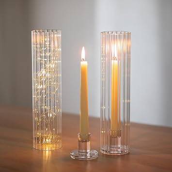 NUPTIO Candle Stick Holder for Centerpiece Ribbed Hurricane Glass Taper Candle Holders - Set of 2 Fluted Candlestick Holder with Tall Cylinder Cover for Fall Thanksgiving Christmas Dining Table Decor