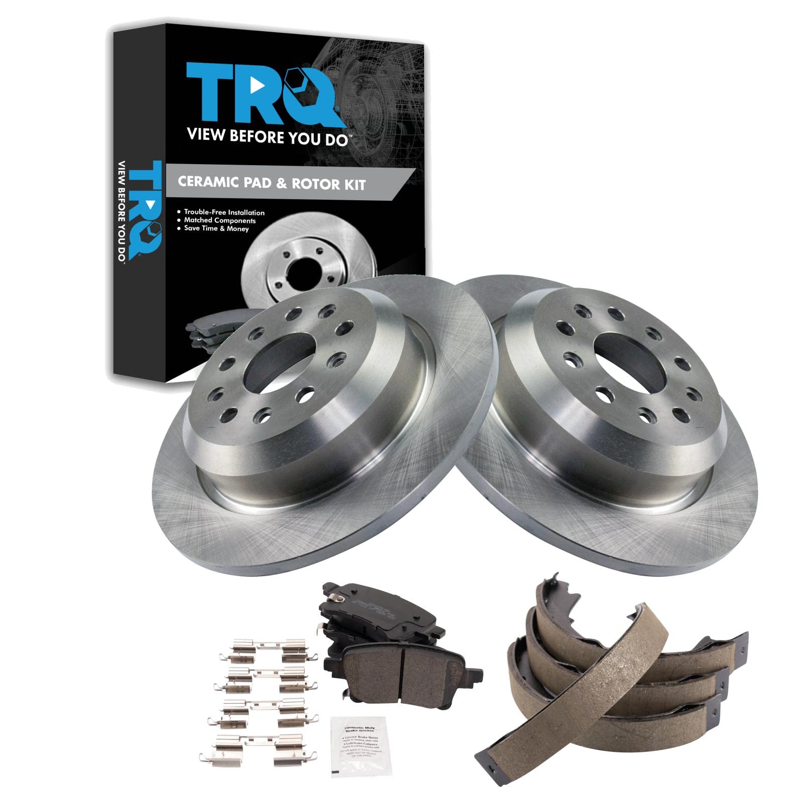 TRQ Rear Brake Pad and Rotor Set Ceramic Rotors Parking Shoe Compatible with 2021 Jeep Wrangler