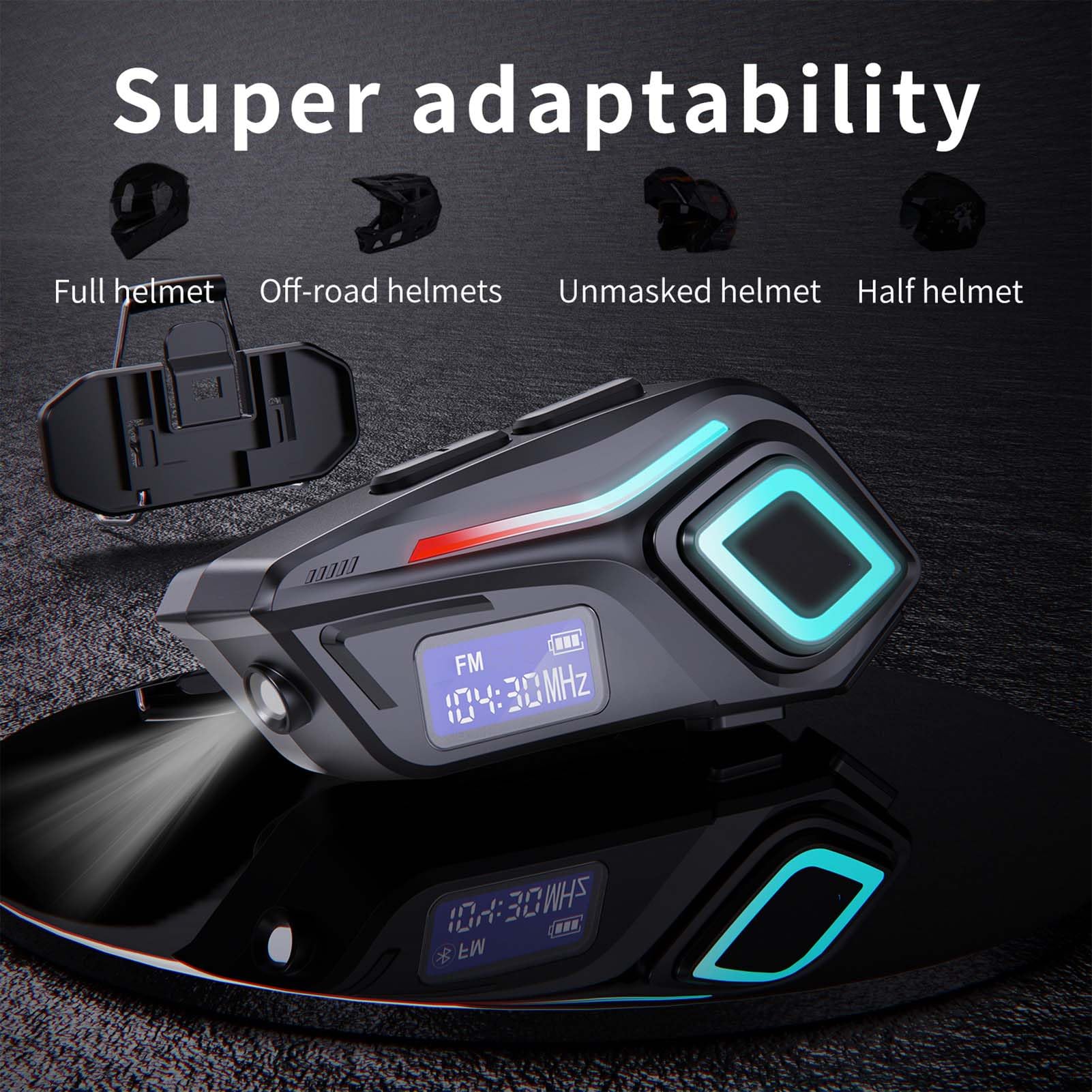 Docooler BT5.4 - Cuffie per casco da moto con radio FM, cuffie per moto con luce flashlight/ambiente, IP65, impermeabile, microfono per cancellazione del rumore, assistente vocale, digitale LCD
