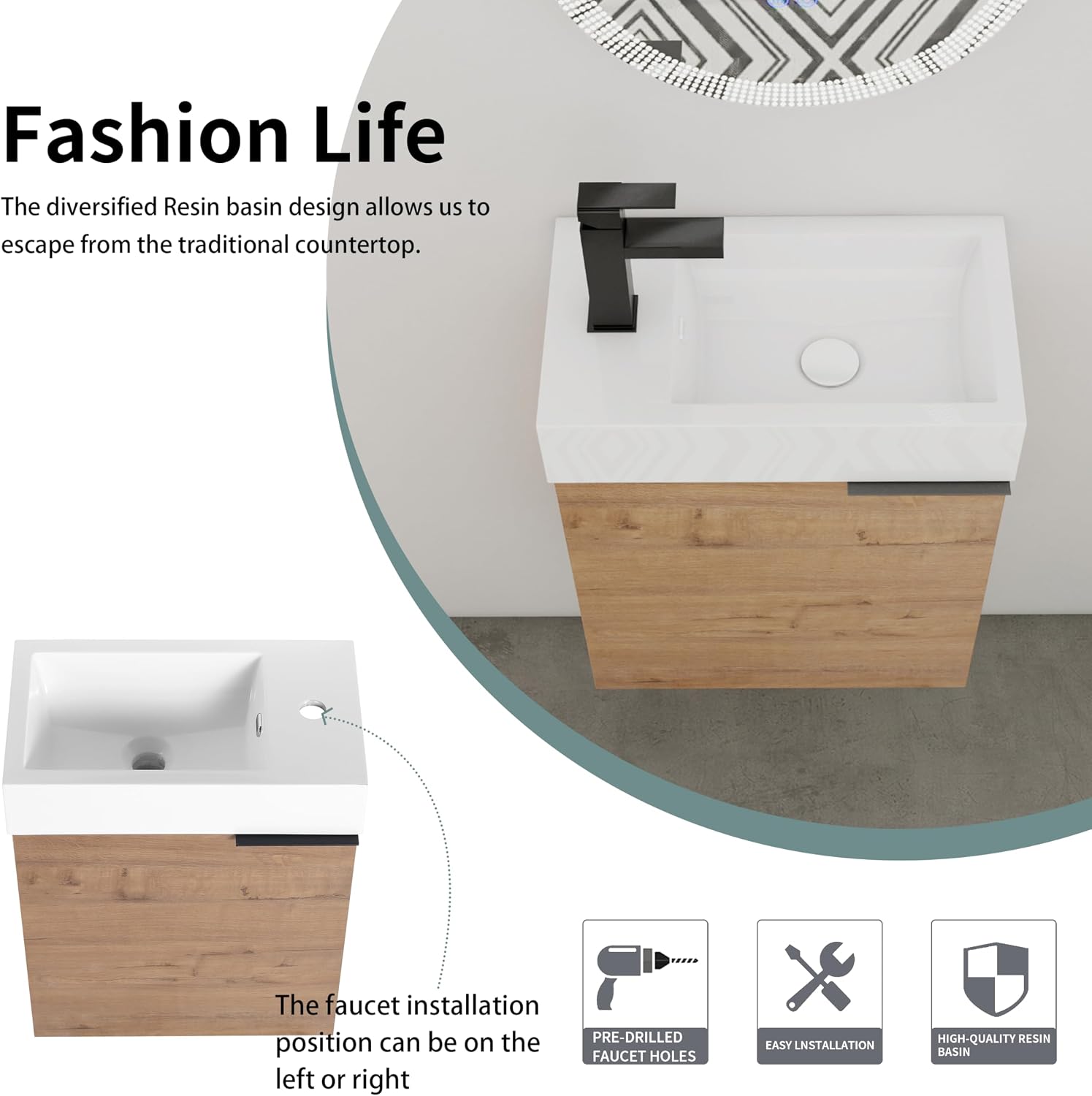 18" Floating Bathroom Vanity with Resin Sink Combo for Small Space, Modern Wall Mounted Bath Storage Cabinet Vanity Set, Wood Door and Inset Basin (Oak-B, 18")
