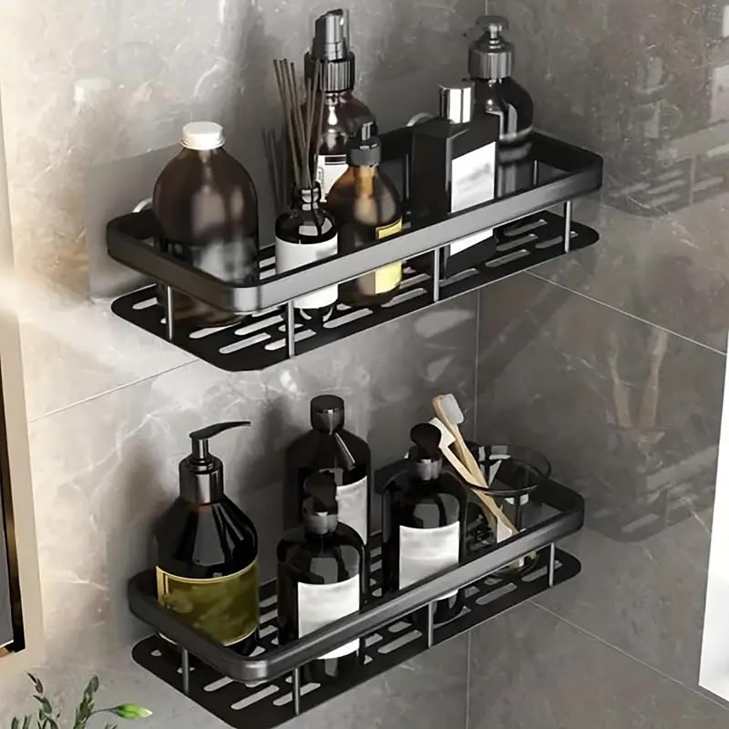 MosQuick® 2 pcs Plastic Bathroom Organiser Without Drill Wall Mounted Shelf Organizer Bathroom Shelves Rack Holder washroom Storage Organizer Shelf for Kitchen Bath Room Accessories Items (Black)-image-47