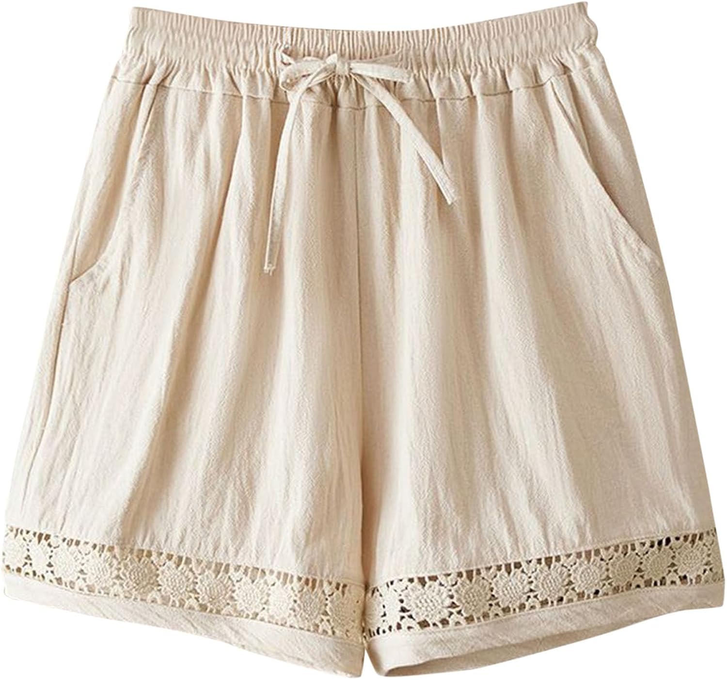 Womens Linen Shorts High Waisted Lace Trim Drawstring Elastic Waist Casual Shorts Comfy Loose Fit Summer Pants