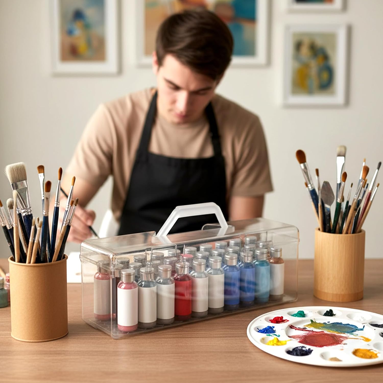 2 Pcs Paint Storage Box for 2 Fl. oz Acrylic Paints, Large Capacity Acrylic Paint Organizer with Handle, Clear Plastic Art Craft Supply Container 30 Bottles Capacity