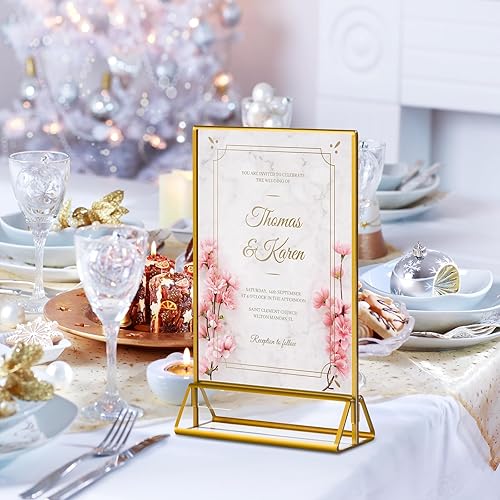 Miniatura 6 de Paquete de 6 soportes acrílicos con bordes dorados, soportes de menú de doble cara de 4 x 6 pulgadas, marcos de fotos transparentes para carteles de