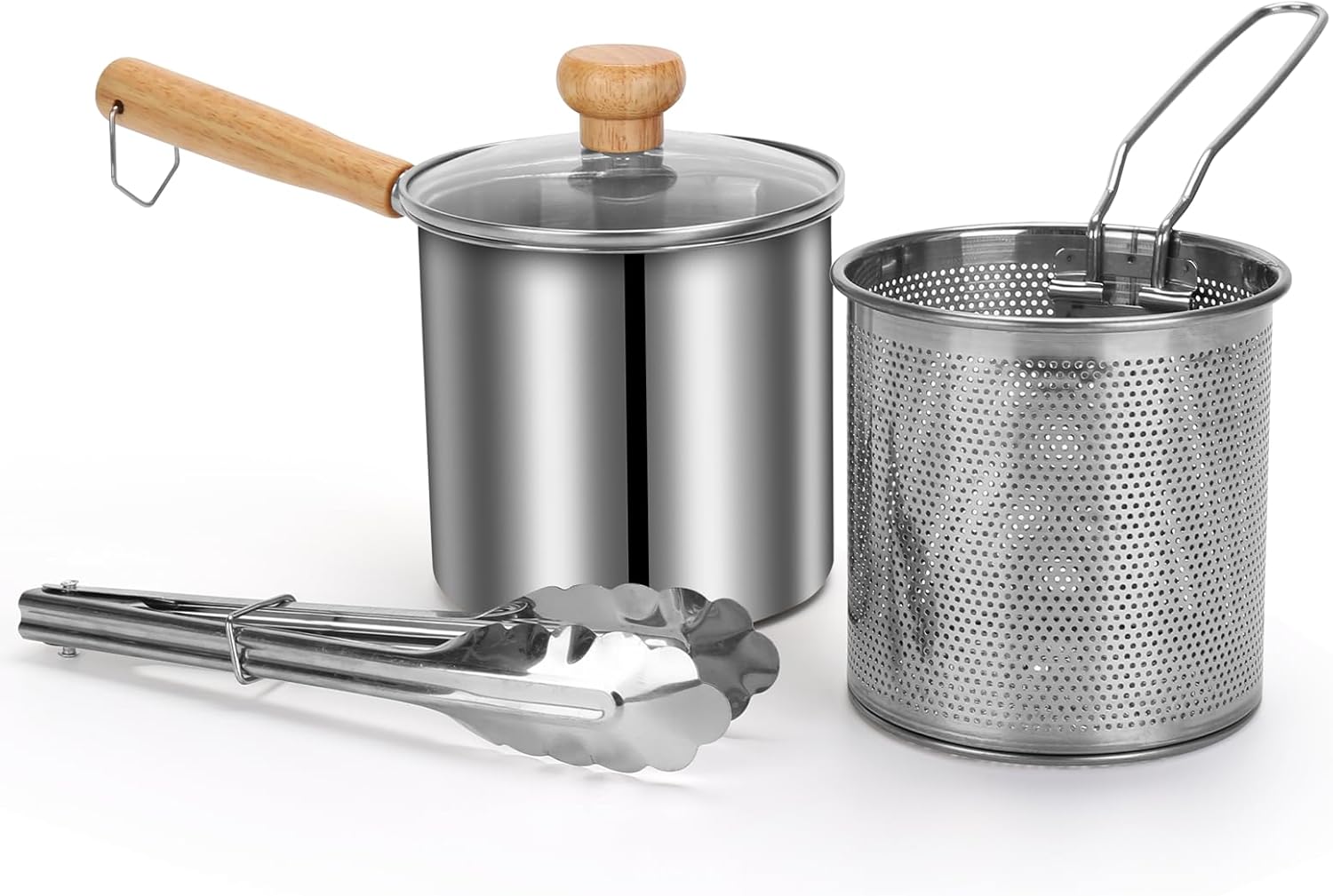 Small Deep Fryer Pot with Basket, Mini Fryer and Soup Pot with Tongs and Lid for 1-2 People, Works on Gas or Induction Burner, Dishwasher Safe, 1.3-Quart