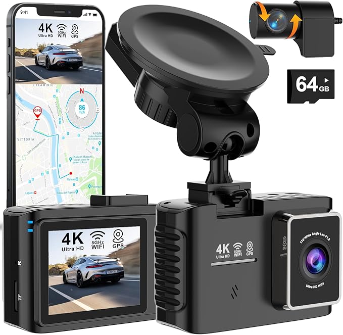Dashcam auto anteriore posteriore 4K/2.5K, dash cam WiFi 5GHz con GPS, IPS da 2,0", grandangolo da 170°, Sorveglianza del parcheggio 24 ore su 24,WDR,sensore G,registrazione in loop,scheda SD da 64 GB