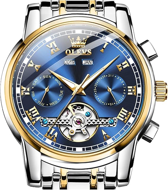 OLEVS Men's Automatic Watch, Self Winding Stainless Steel Men Dress Watch, Waterproof Luminous Men Tourbillon Skeleton Watch, Big Dial Date Men Analog Watch