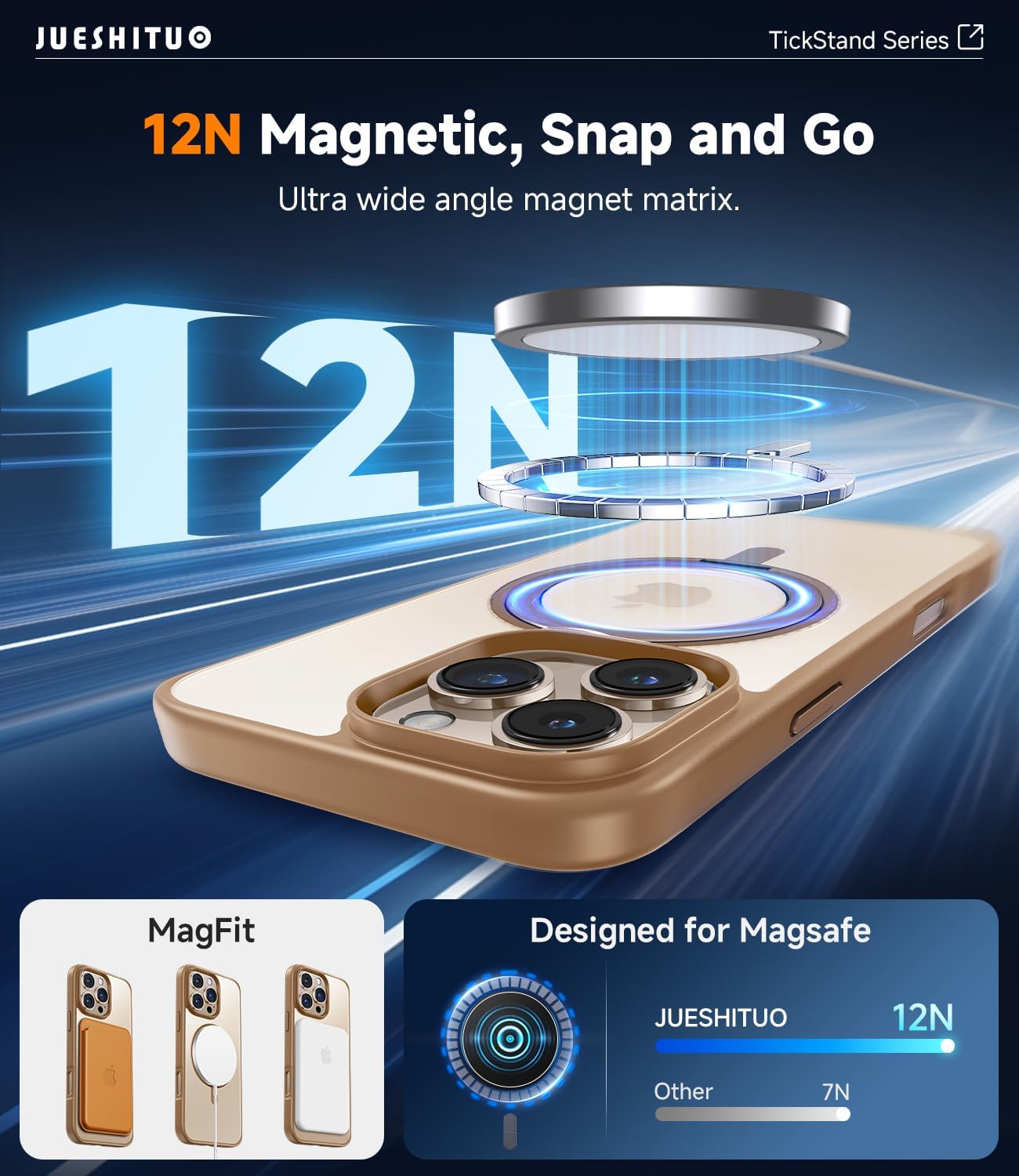 JUESHITUO 3 in 1 for iPhone 16 Pro Max Case, 360° Rotatable Magnetic Ring Stand with [Rotary Damping Sound] [1X Screen Protector+1X Camera Lens Protector] Shockproof Phone Cover 6.9", Desert Brown