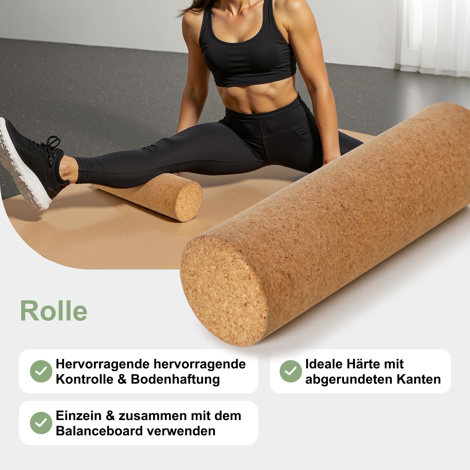 HOKO Balance Board aus Birkenholz mit Korkrolle – Gleichgewichtstrainer Perfekt für Fitness und Sport, Wackelbrett mit Anti-Rutsch Oberfläche, bis 160 kg belastbar