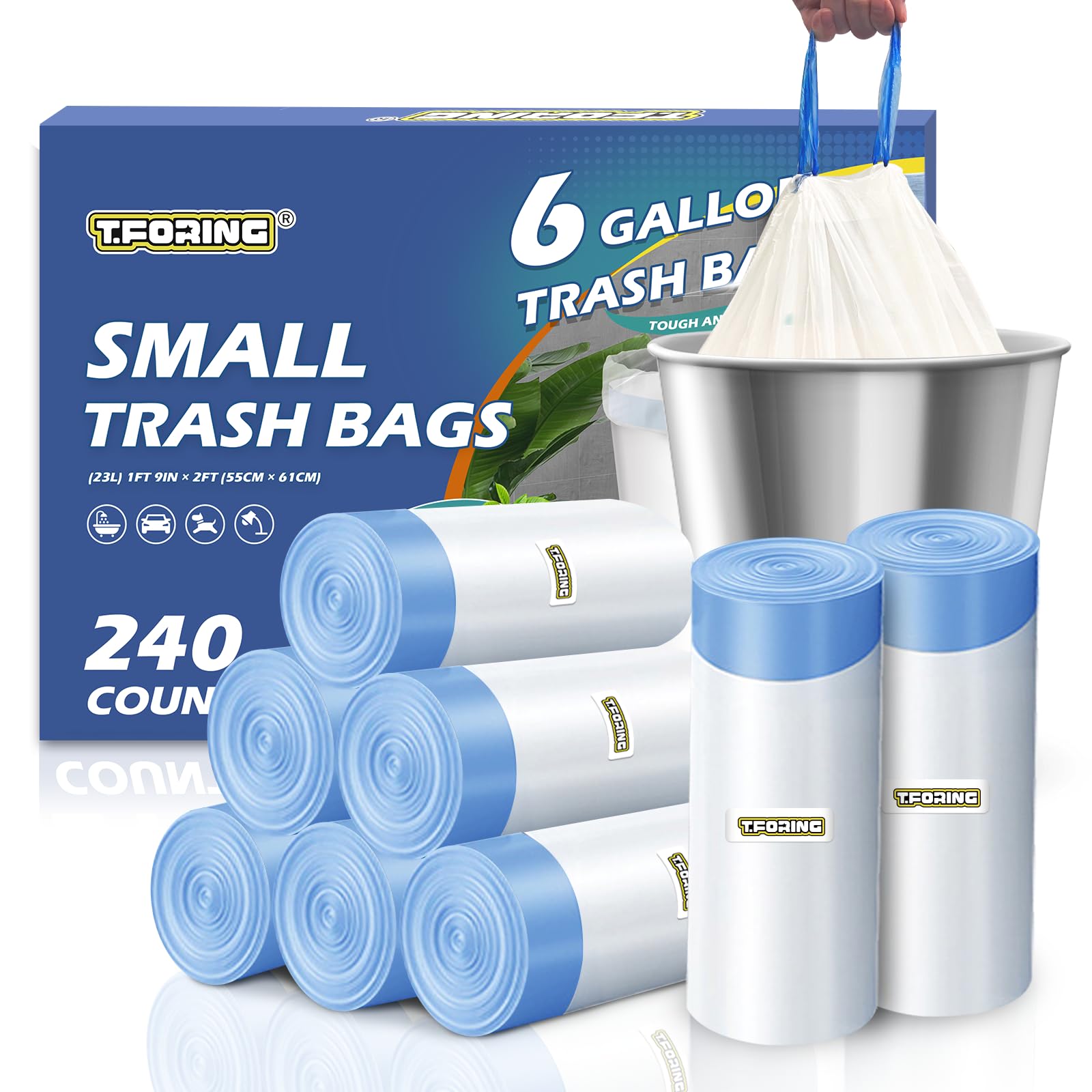 240 Count 6 Gallon Trash Bags Drawstring - Medium Garbage Bags 1.1 Mil,22.5 Liter Strong Plastic Trash Can Liners Unscented,Thick Waste Basket Bags