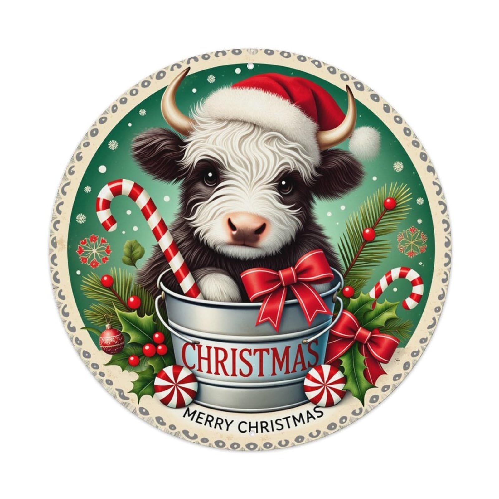 Christmas Cow With Candy Cane Round Tin Sign Retro Metal Sign for Cafe Bar Pub Home Game Room Gym Club Wall Decoration Vintage Metal Poster 8x8 Inch