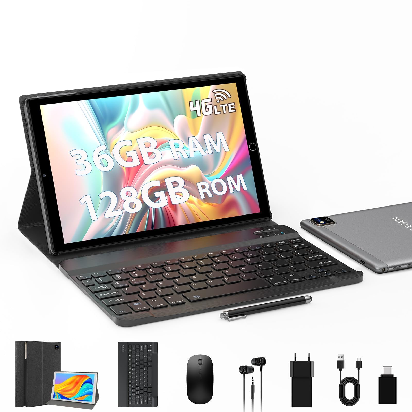 Tablet 10.1 Pollici, 5G WiFi + 4G LTE Dual SIM, 36GB RAM 128GB ROM (1TB Espandibile), Processore Octa-Core Android con Tastiera Mouse Stylus Cuffie Custodia, 8000mAh/GPS/FM/BT