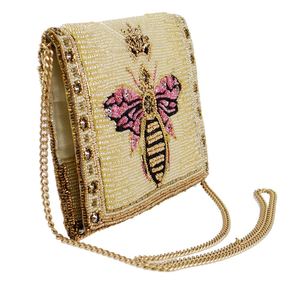 Mary Frances Buzzed Bolso de mano con cuentas – Bolso cruzado con adornos de abeja con cierre magnético para viajes, bodas, fiestas - Oro