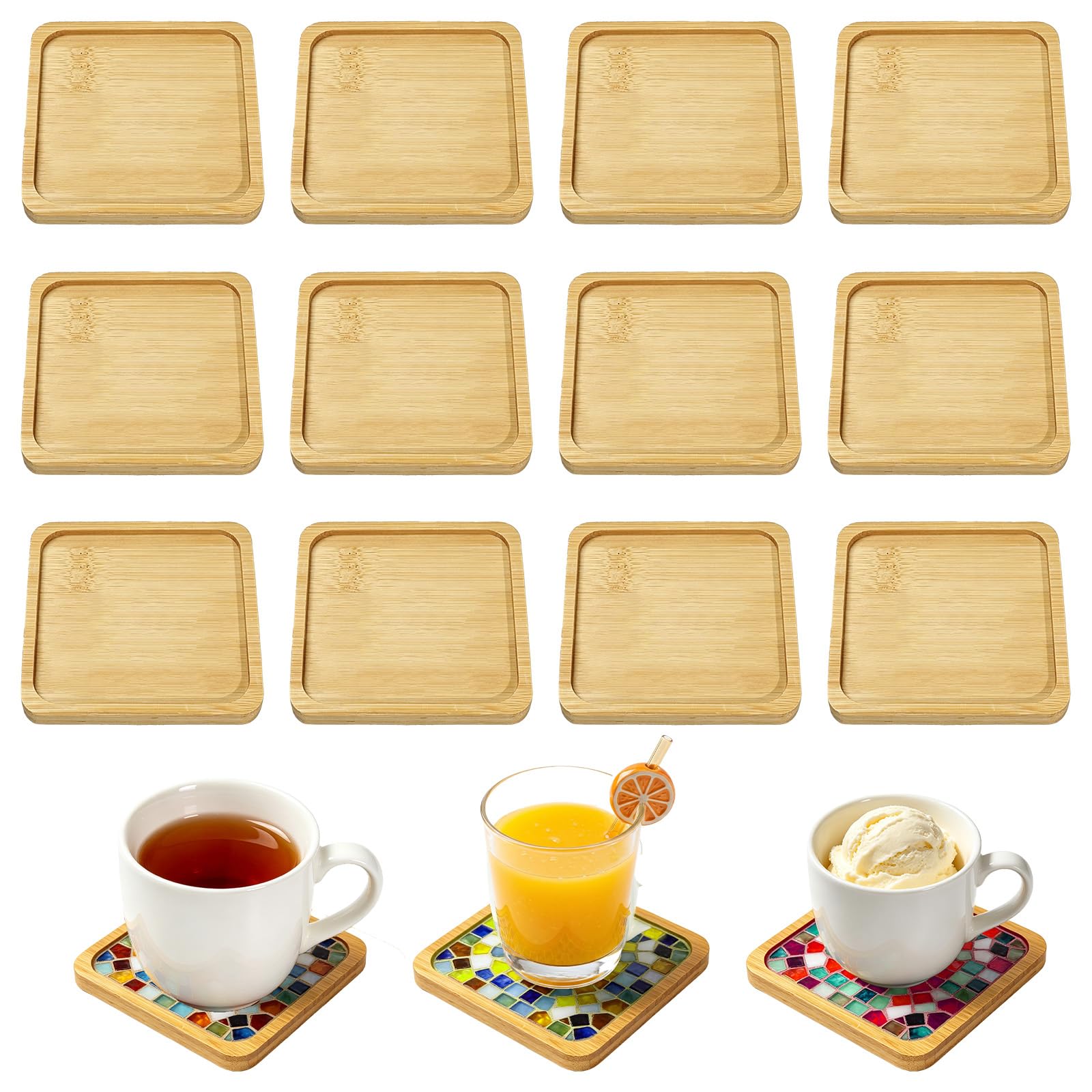 12 PCS Wooden Coasters, 9cm Square Mosaic Tiles Bamboo Tray Cup Coasters, Small Wooden Tray for Coffee Candles Drink DIY Crafts Table Decor Plant Coaster Art Plate (Mosaic Tiles Not Included)
