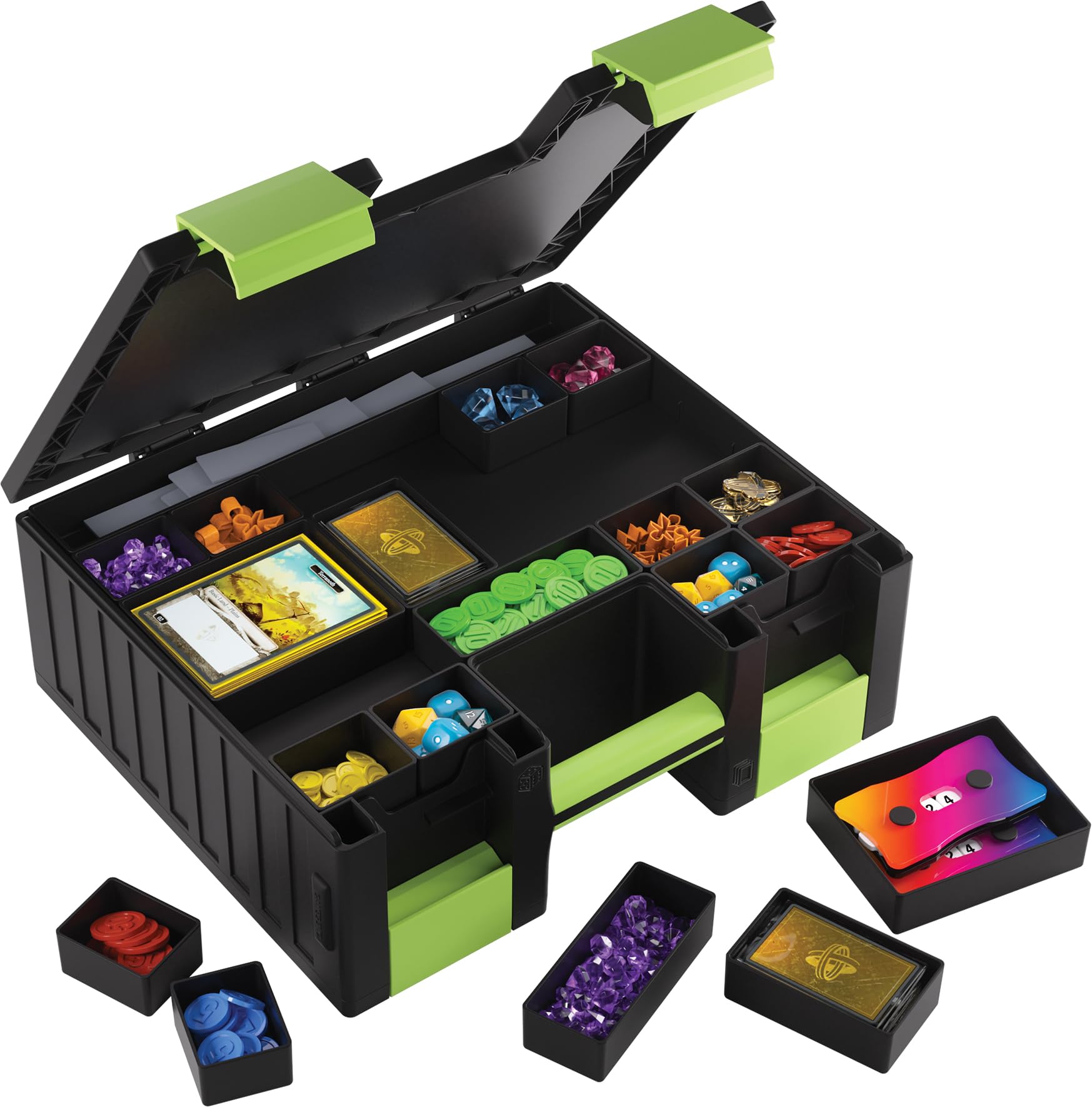 Game Castle – uniwersalne dwustronne etui do przechowywania kart i akcesoriów do gier, 19 wyjmowanych tacek w 5 rozmiarach, idealne na karty, żetony, kości i narzędzia, kolor czarny/zielony, wykonane