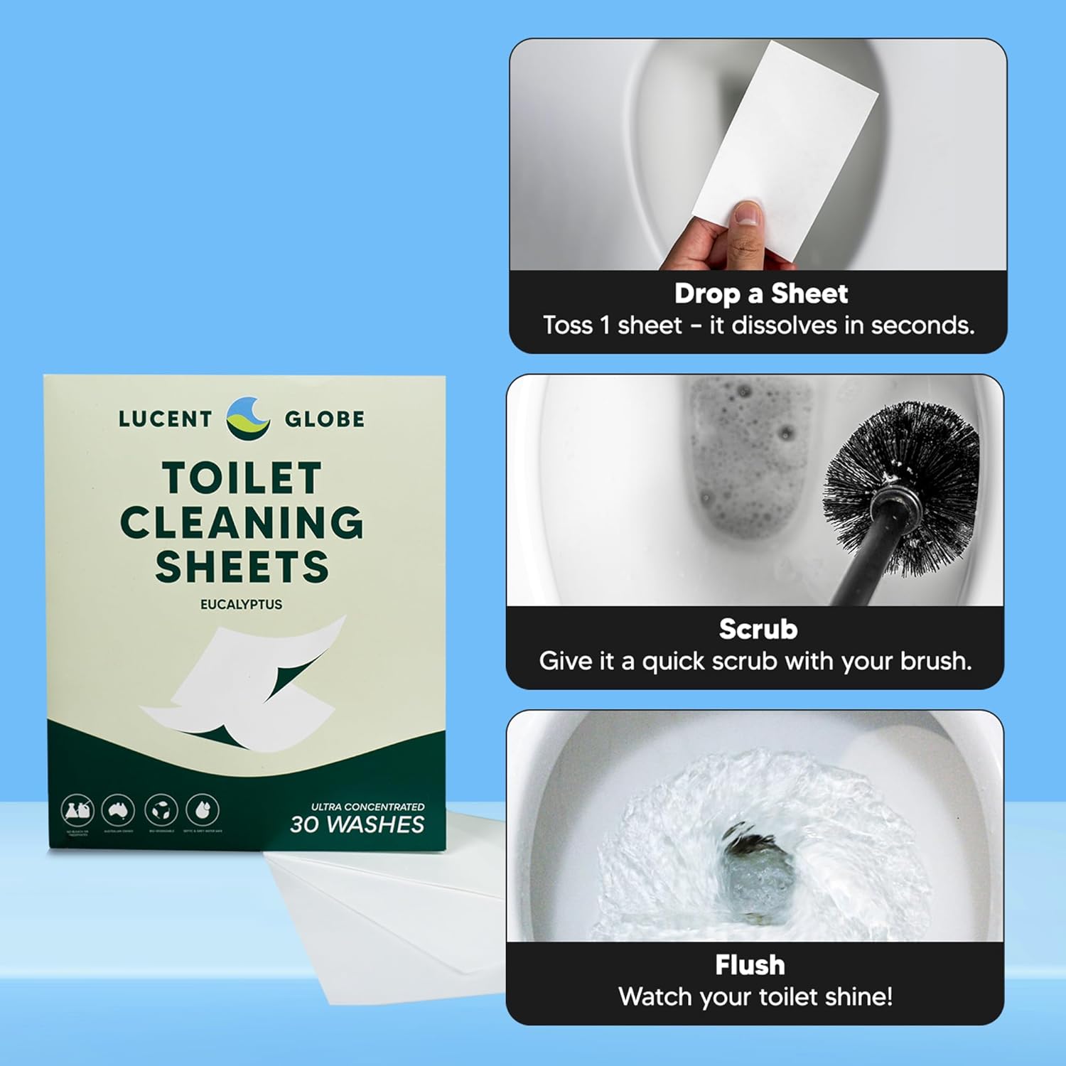 Lucent Globe Toilet Cleaning Sheets | Strips - Tough on Dirt & Stains - Safe for Toilets & Septic Systems - Convenient and Travel Friendly Toilet Bowl Cleaner - Fresh Eucalyptus Fragrance (4 Pack)
